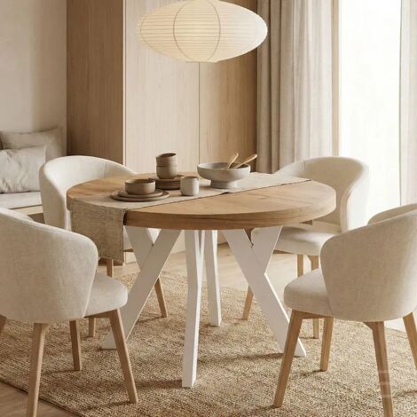 Table de salle à manger ronde extensible PERO, style loft, scandinave, diamètre : 110 / 210 cm, couleur :Lancelot / blanc (1/5)