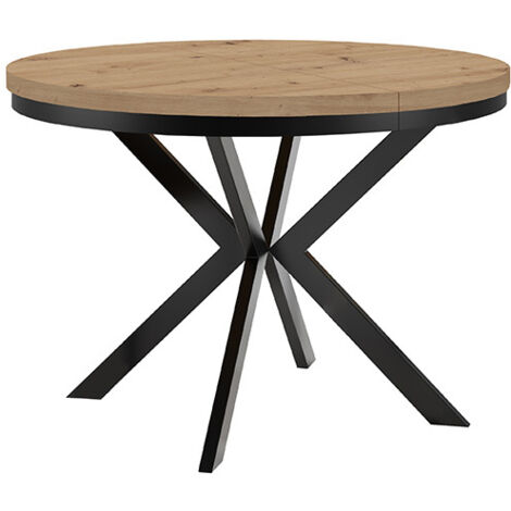 Table de salle à manger ronde extensible ENDIK avec cerclage métallique, diamètre : 90 / 140 cm, couleur :Artisan / noir