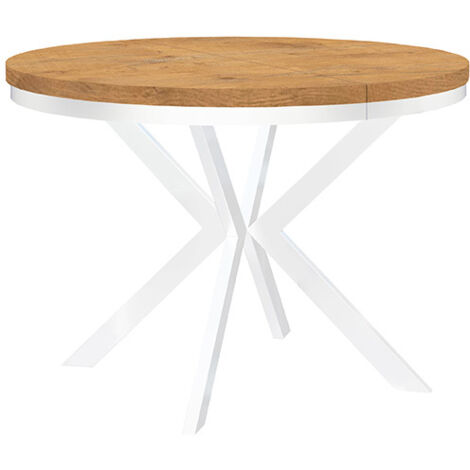 Table de salle à manger ronde extensible ENDIK, avec cerclage métallique, style loft, industriel, diamètre : 120 / 220 cm, couleur :Lancelot / blanc