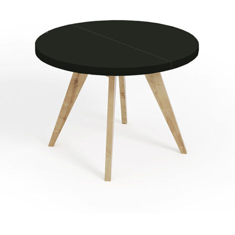 Table de salle à manger ronde extensible LORA, style loft, scandinave, diamètre : 90 / 190 cm, couleur : noir / naturel