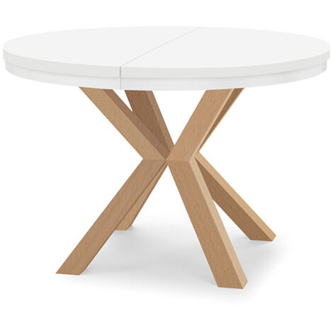 Table à manger ronde extensible RAL avec cerclage métallique, style loft, industriel, diamètre : 100 / 150 cm, couleur : blanc / naturel