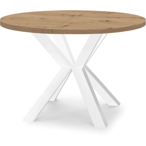 Table de salle à manger ronde extensible RAL avec pieds en bois, style loft, industriel, diamètre : 110 / 210 cm, couleur :Artisan / blanc