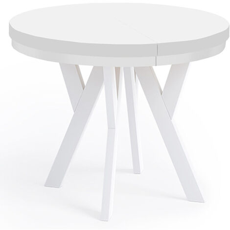 Table de salle à manger ronde extensible PERO avec cerclage métallique, style loft, scandinave, diamètre : 100 / 150 cm, couleur : blanc (1/4)