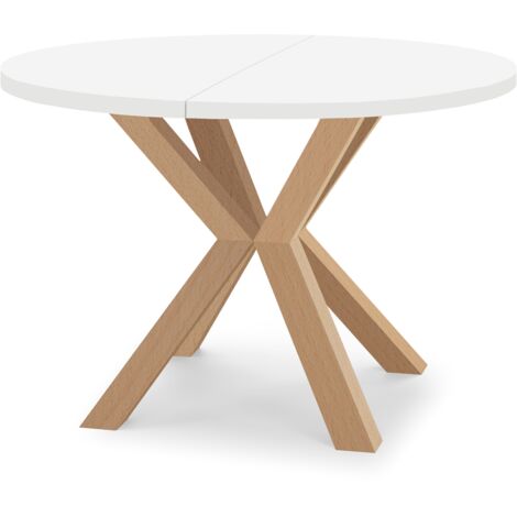 Table de salle à manger ronde extensible RAL avec pieds en bois, style loft, industriel, diamètre : 90 / 190 cm, couleur : blanc / naturel