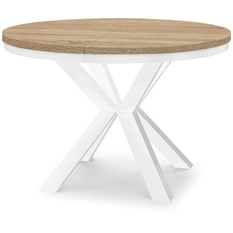 Table à manger ronde extensible RAL avec cerclage métallique, style loft, industriel, diamètre : 100 / 150 cm, couleur :Sonoma / blanc