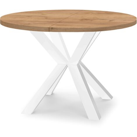 Table de salle à manger ronde extensible RAL avec pieds en bois, style loft, industriel, diamètre : 100 / 150 cm, couleur :Craft / blanc