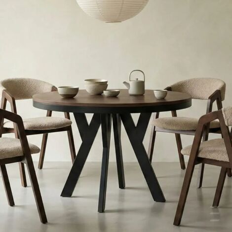 Table de salle à manger ronde extensible PERO avec cerclage métallique, style loft, diamètre : 100/150 cm, couleur : Franklin noyer / noir (1/5)
