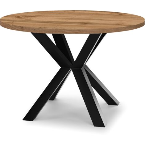 Table de salle à manger ronde extensible RAL avec pieds en bois, style loft, industriel, diamètre : 100 / 200 cm, couleur :Wotan / noir