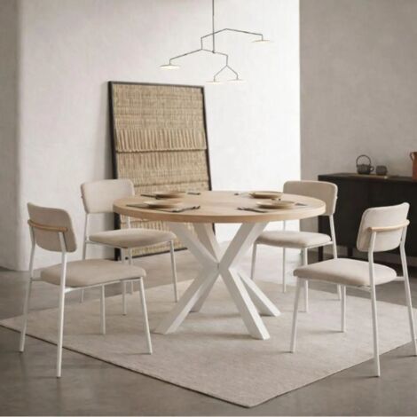 Table de salle à manger ronde extensible RAL avec pieds en bois, style loft, industriel, diamètre : 90 / 140 cm, Couleur :Sonoma / Blanc