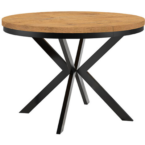 Table de salle à manger ronde extensible ENDIK, avec cerclage métallique, style loft, industriel, diamètre : 110 / 160 cm, couleur :Lancelot / noir