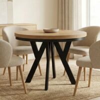 Table de salle à manger ronde extensible PERO avec cerclage métallique, style loft, diamètre : 110 / 210 cm, couleur :wotan / noir