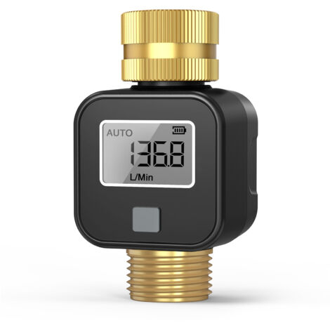 Union – Débitmètre d'eau fileté en laiton – Mesure précise en gallons/litres – Débit max 45 L/min – Étanchéité IPX6 – Compatible tuyau 3/4 po