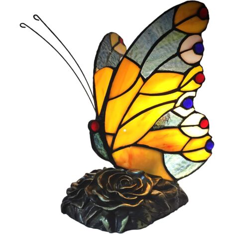 Lampe de Style Tiffany, Lampe de chevet avec papillon, Vintage Vitrail Style Table Lampe, Lampe art deco, Pour Chambre Salon [Classe énergétique E]