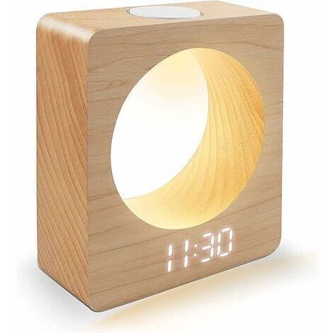 Digitaler LED-Wecker aus Massivholz (Buche) mit Nachtlicht, 3 Alarmeinstellungen, Temperaturerkennung
