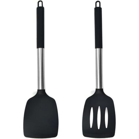Lot de 2 petites spatules en silicone résistantes à la chaleur pour poisson, œufs, crêpes et plus encore (lot de 2, noir) (1/4)