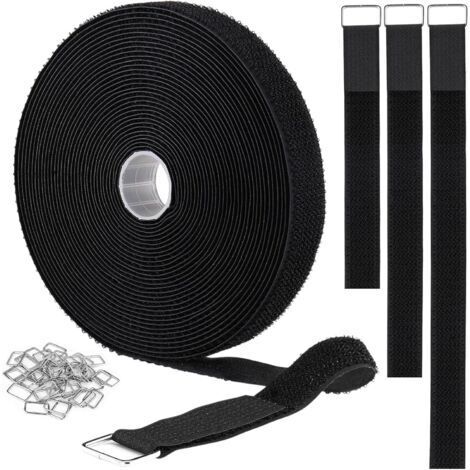 2.5CM x 5M Attache Câble Scratch, Non Adhésif Serre Câble Bande avec 25 Bouton en Métal, Attaches de Câble Réutilisables Réglables pour Ranger et Organiser Tous Les Câbles, Noir (1/5)