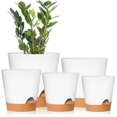 Ensemble de 5 pots de fleurs blancs à arrosage automatique de 7/6,5/6/5,5/5 pouces avec trous de drainage, pots de fleurs en plastique, adaptés à toutes les plantes d'intérieur (1/5)