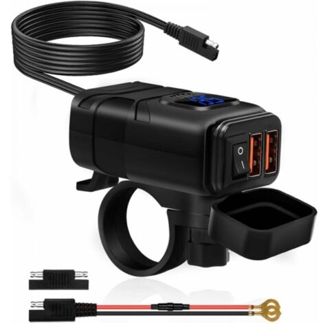 Chargeur Usb de Moto ÉTanche, Prise de Chargeur de Voiture Double USB/QC3.0, Prise USB Moto Etanche Charge Rapide avec Interrupteur et Voltmètre LED(lumière bleue) (1/5)
