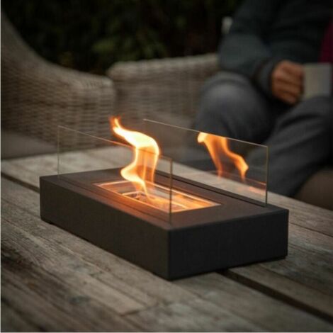 Foyer au bioéthanol de table rectangulaire en une pièce intérieur/extérieur foyer portable réaliste (noir)