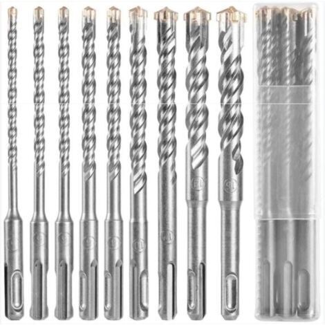 Foret béton SDS , 9pcs foret carrelage, foret Coffret de mèches et burins pour un perforateur , Forets Transversaux Pour Béton, Brique, Pierre, Naturelle, Métal (1/4)