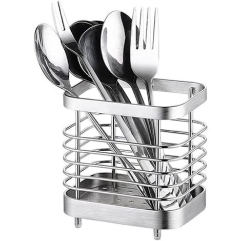 Support à ustensiles de cuisine en acier inoxydable, panier à couverts mural avec base amovible pour couteaux, fourchettes, cuillères, support de rangement pour couverts (petit format argenté) (1/5)
