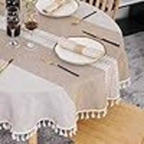 Nappe Ronde 150 cm Khaki Nappe de Table en Lin & Coton Lavable Anti-Tache avec Glands, Broderie à Rayures pour Anniversaire, Mariage, Salle à Manger