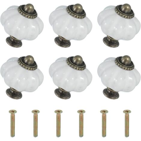 Six boutons en céramique blanche, de 3,3 x 3,3 x 3,8 cm chacun, avec vis. Boutons et poignées de tiroir en céramique en forme de citrouille. (1/5)