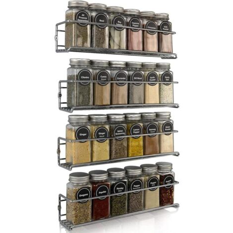 Étagère à Épices Mural Métal Lot de 4 opour, range epices Cuisine Auto-adhésif Sans Percage, Porte Epice Idéal pour Le Placard, Murale, Frigo, Rangement Epices, Argent (1/5)