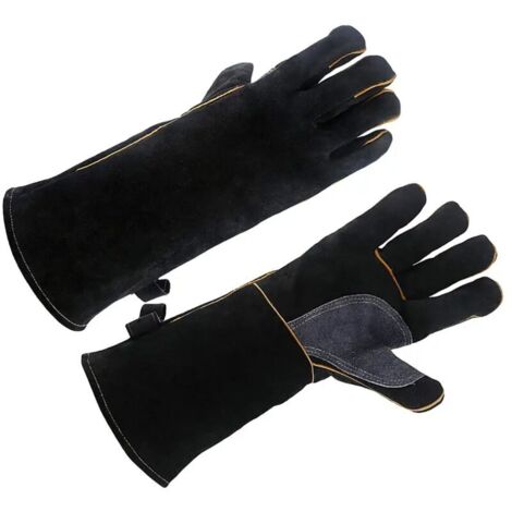 Gants résistants à la chal et au feu en cuir de vache, pour la cheminée, le four, le gril, le soudage, manipulation d'animaux (1/5)