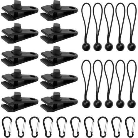 30 Pack Tarp Clips, 10 Heavy Duty Tarp Clips with 10 Tent Bungees and 10 Carabiners for Camping Tent Cover, Black (1/5)