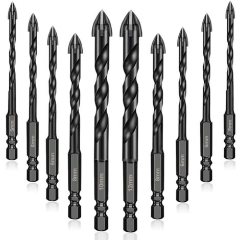 10Pcs forets à maçonnerie en carbure de tungstène, Forets Pour Carrelage Verre pour porcelaine, carrelage, béton, mur de brique, verre, miroirs, plastique, et bois - 5/5/6/6/6/6/8/8/10/12mm (1/5)
