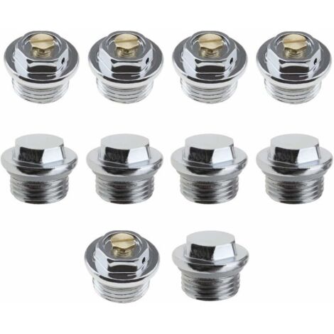 Lot de 10 vannes de purge radiateur 1/2 pouce – 5 bouchons d'obturation filetage – Acier inoxydable avec joint torique étanche - 10pcs