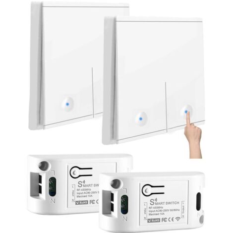 Interrupteur sans fil 230 V 10 A, kit sans pile avec 2 récepteurs 433 MHz 10 A et 2 télécommandes murales sans fil bidirectionnelles jusqu'à 50 m pour lampes de 200 à 2000 W (1/4)