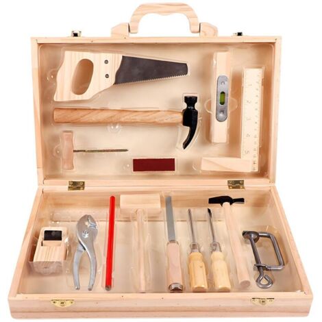 Coffret à outils éducatif en bois pour enfants – 16 outils en métal et bois massif – Boîte de rangement avec poignées – Pour menuiserie (1/5)