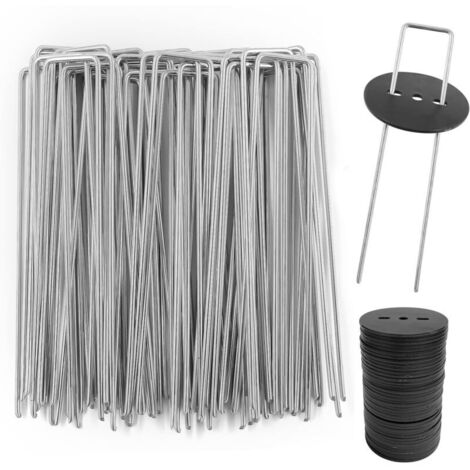 Piquets de Jardin, 50 Piquets de Fixation en Acier Galvanisé avec 50 Rondelles Noir, Agrafes Toile de Paillage pour Gazon Artificiel, Clôture, Bâche, Herbes, Forme de U, 150×25mm, Ø2,8 mm