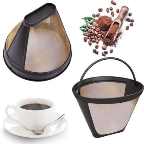 Lot de 2 filtres à café réutilisables, filtre permanent, compatible avec la plupart des cafetières, 100 mesh, acier inoxydable 304, avec poignée, 12 cm (doré)