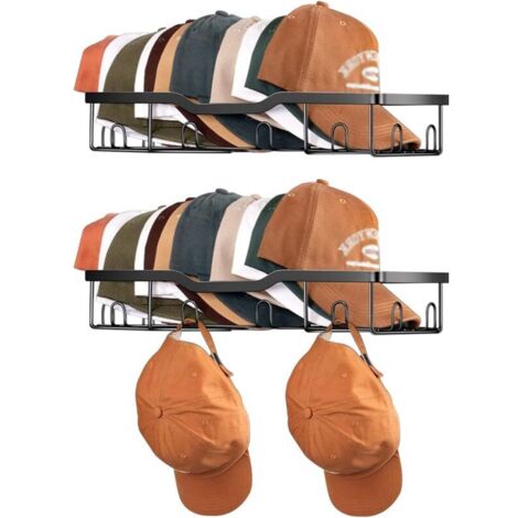 Porte Casquette Mural en Métal – Lot de 2 Supports Muraux pour 20 Casquettes – Rangement Casquettes Mur, Organisateur de Chapeaux et Snapbacks – Étagère Murale en Métal Noir (1/5)