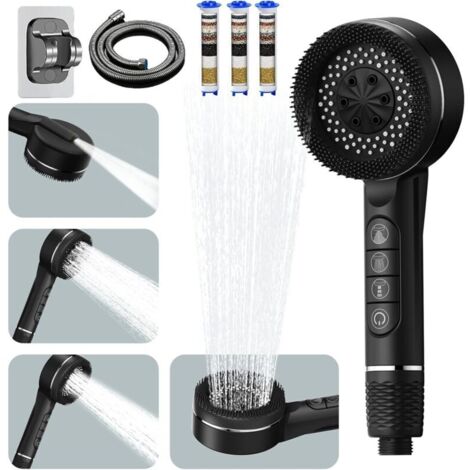 Pommeau de Douche Haute Pression, Pommeau Douche avec Filtre anti Calcaire, Douchette douche salle de bain avec Tuyau 1.5M et Support, 4 Types de Jets avec Bouton D'arrêt D'eau, Noir Profond (1/5)