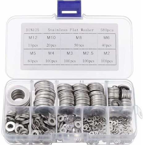 Rondelle Inox avec Bote de Rangement (Lot de 580) - Assortiment de 9 Tailles M2, M2.5, M3, M4, M5, M6, M8, M10 & M12 - Lot de Rondelles Mtal - Rparations, Usines & Dcoration Intrieure (1/5)
