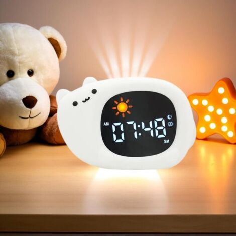 Réveil Veilleuse avec 9 Couleurs de Lumière et 6 Bruits Blancs, Horloge Numérique d'apprentissage du Sommeil, Luminosité et Son Réglables, Cadeaux pour Enfants - Chat (1/5)