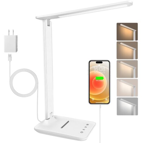 Lampe de Bureau LED avec Adaptateur, Pliable Lampe de Chevet Dimmable avec 5 Modes de Couleur et 5 Niveaux de Luminosité, Port de Charge USB, Pour Lecture Travail (Blanc-avec Adaptateur) [Classe énerg (1/5)
