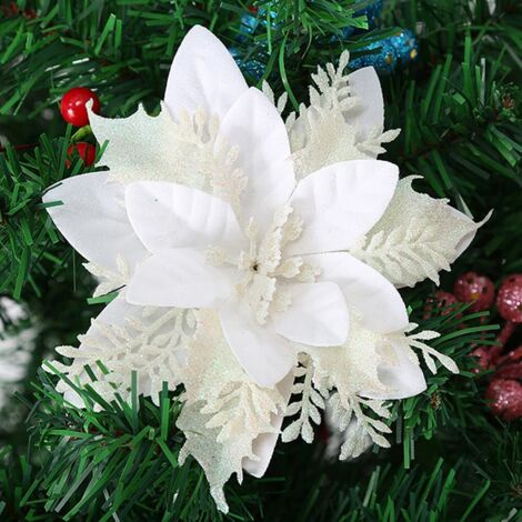 12 Pack Artificial Flowers Poinsettia (Christmas Stars) for Christmas Tree Decoration with Glitter 15cm (White) (1/4)