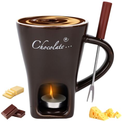 Tasse Fondue Chocolat avec Fourchette et Bougies Chauffe-Plat, Tasse Fondante Douce en Chocolat Ensemble Pot Fondue Céramique pour Fromage Bonbons Soirée Romantique (Marron Foncé) (1/5)