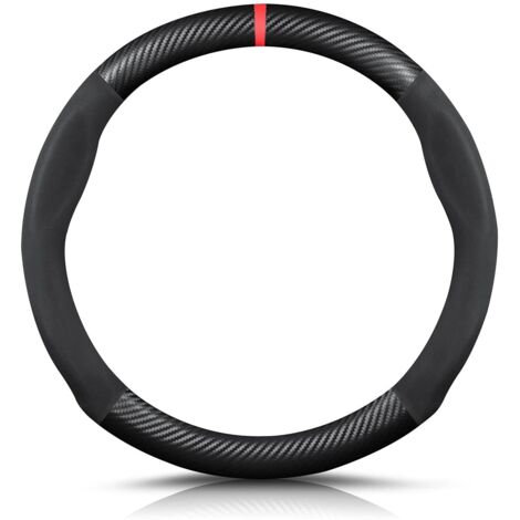 Round Shape Carbon Fibre & Microfibre PU Leather Steering Wheel Cover Non-Slip Car Steering Wheel Cover Breathable Sport Car Steering Wheel Cover for Diameter 38 cm (15 Inches) - Black Red (1/5)