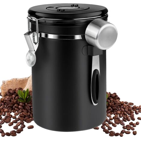 Boîte à café hermétique en acier inoxydable de 1,8 l avec cuillère, grains de café, boîte de conservation avec affichage de la date, noir (1/5)