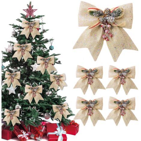 Set of 5 Christmas Bows, Glitter Bow with Pine Cones, Christmas Ribbon Bow, Christmas Tree Bow for Christmas Trees, Parties, Weddings, Gift Boxes (1/5)