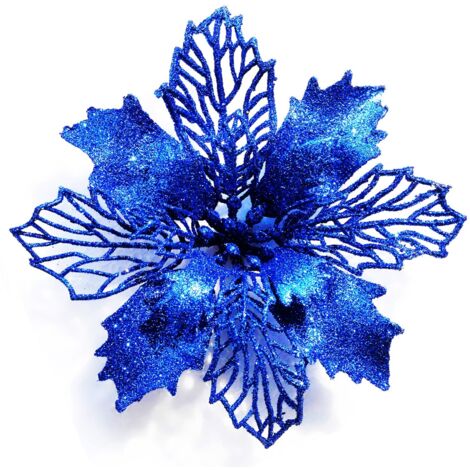 12pcs Christmas Tree Glitter Poinsettia Flowers 16cm Diameter with 12pcs Soft Green Ties (Blue) (1/5)