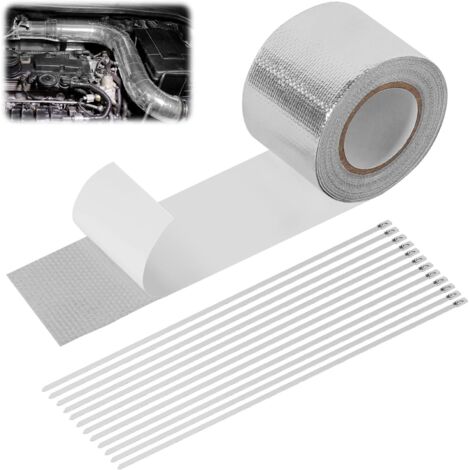 Bande de protection contre la chaleur pour pot d'échappement - 10 m x 5 cm - Autocollant avec 12 serre-câbles - Kit de réparation pour collecteur d'échappement de voiture et moto (1/5)