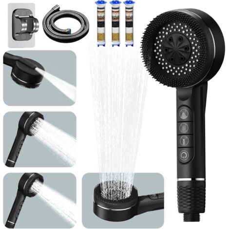 Pommeau de Douche Haute Pression, Pommeau Douche avec Filtre anti Calcaire, Douchette douche salle de bain avec Tuyau 1.5M et Support, 4 Types de Jets avec Bouton D'arrêt D'eau, Noir Profond (1/5)