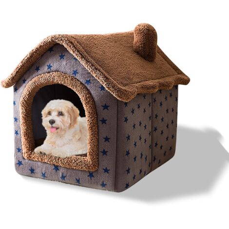 Cave Bed for Cats, Washable Dog Bed, Warm and Comfortable Plush Cat Igloo, Foldable and Comfortable Cat House, Dog Bed with Non-Slip Bottom (M, Brown Stars)